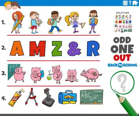 Odd one out task with cartoon characters Illustrazione stock