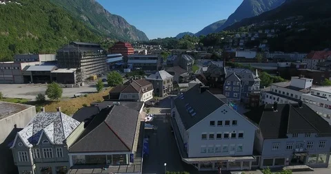 Odda town with central square and small houses. Norway Stock Footage 98893783