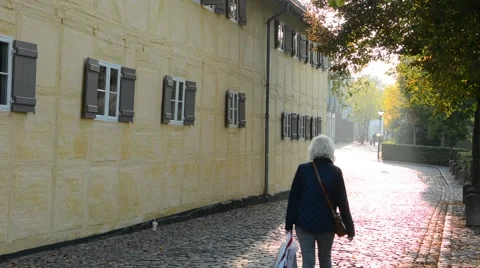 Odense Denmark beautiful old row homes cobblestone streets in Hans Christian 스톡 동영상 47341278