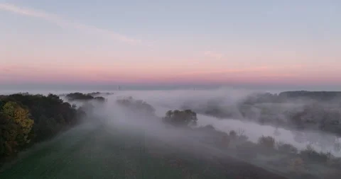 Oder River in autumn morning fog at dawn near Wrocław Stock Footage 346653658