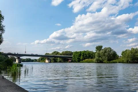 Oder River with bridge in background slightly cloudy weather Stock Photos