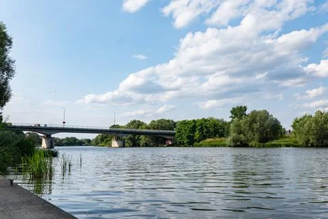Oder River with bridge in background slightly cloudy weather Stock Photos