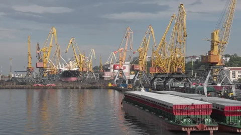Odesa port bay cranes and cargo ships Stock Footage 209155083