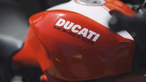 ODESSA, Ukraine- June 22, 2019. close-up shot of tank Ducati Monster motorcycle  Stock Footage