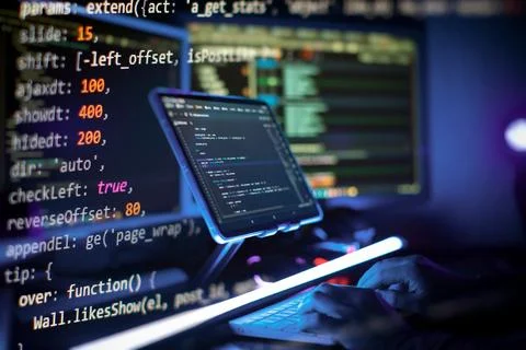 ?oding html and programming on screen laptop, development 库存照片