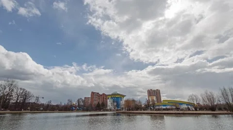 Odintsovo central square-time lapse of the pond and the sky Stock Footage 49267896