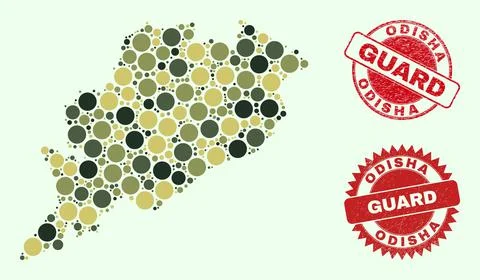 Odisha State Map Collage with Camo Military Circle Elements with Scratched Guard 스톡 일러스트