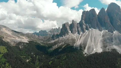 Odle mountain range, Val Gardena. Majestic Furchetta peak. Stock Footage 133734649