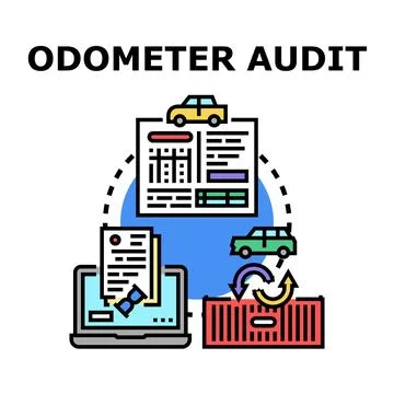 Odometer audit verifying vehicle mileage history Illustrazione stock