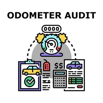Odometer audit verifying vehicle mileage inspection process Illustrazione stock