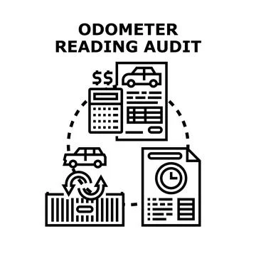 Odometer reading audit concept reviewing vehicle history Stock Illustration