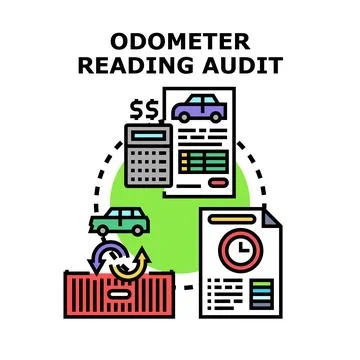 Odometer reading audit concept reviewing vehicle history Illustrazione stock