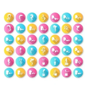 Odor flat design long shadow glyph icons set. Hot food steam, perfume odour.  Illustration