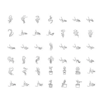 Odor pixel perfect linear icons set. Hot food steam, perfume odour. Human nos Illustration