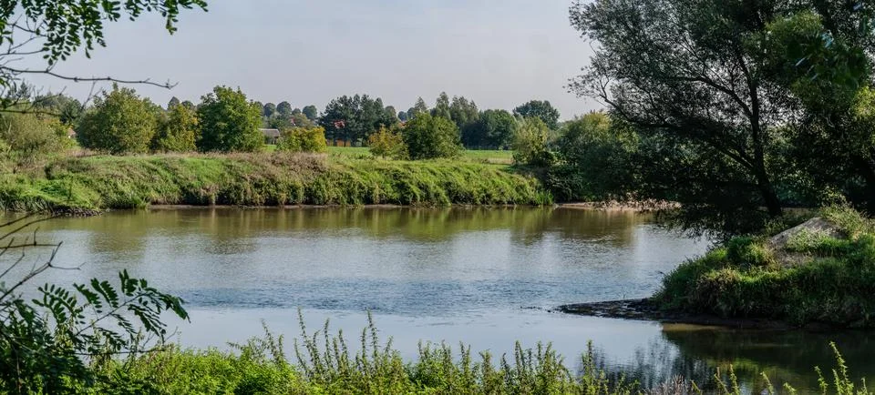 Odra river in summer with slightly cloudy sky and greenery Foto stock