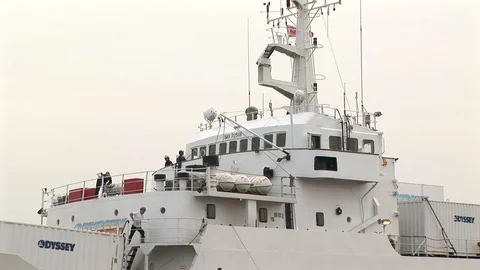 Odyssey Explorer undergoing repairs docked in the port of Hull, UK Stock Footage 105266661