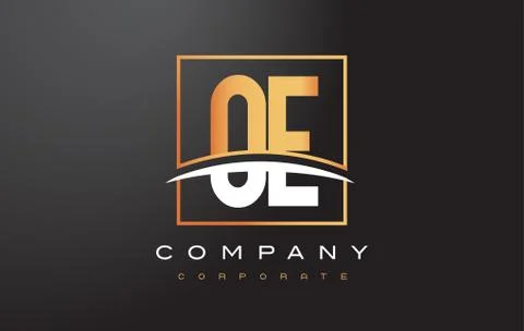 OE O E Golden Letter Logo Design with Gold Square and Swoosh. Stock Illustration