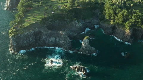 Oedolgae (외돌개) Sea Stack top aerial view, Seogwipo, Jeju Island, South Korea Stock Footage 286221602