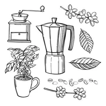 ?offee maker  and grinder. Coffee plants. Stock Illustration