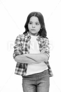 Offended feelings. Child offended keep silence. Girl serious face offended white Stock Photos