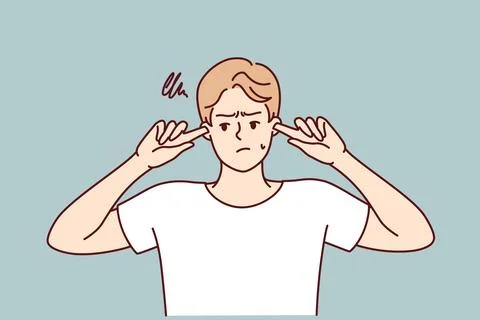 Offended guy closes ears does not want to hear toxic words or insults from Stock Illustration