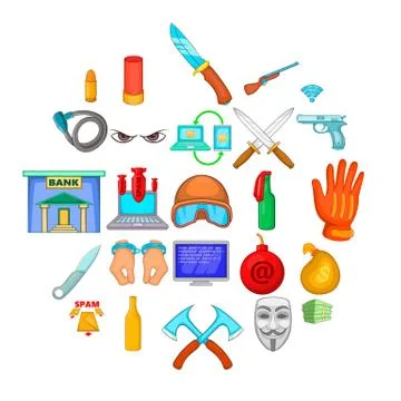 Offense icons set, cartoon style Illustrazione stock