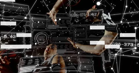 Offense player taking shot starting basketball analytics overlay as defense Stock Footage 318095341