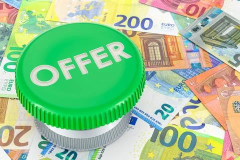 Offer green button on the euro background, 3D rendering Stock Illustration