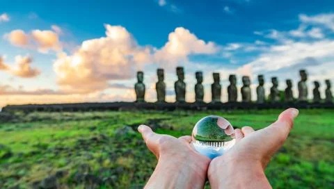 Offering crystal ball reflection to Ahu Tongariki Stock-Fotos