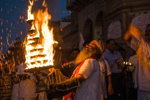 Offering Lamp to River Goddess Stock Photos