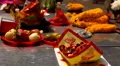 Offerings of fruits, candy are placed on the altar for the various gods, spirits HD Footage