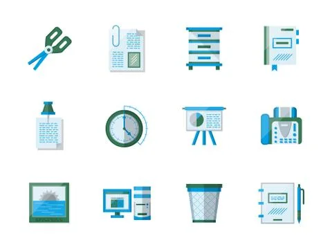 Office accessories flat color vector icons set Stock Illustration
