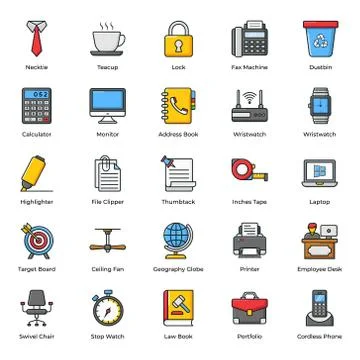Office Accessories Flat Icons Pack Stock Illustration