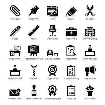 Office Accessories Solid Icons Pack Stock Illustration