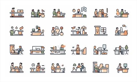 Office Activity Icon Set Teamwork and Workplace Scenes Stock Illustration