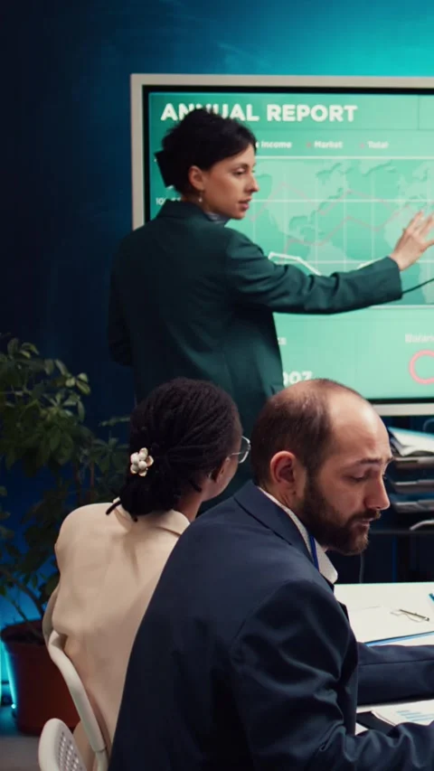 Office administrator presenting data reports and funding on interactive board Stock Footage 272272365
