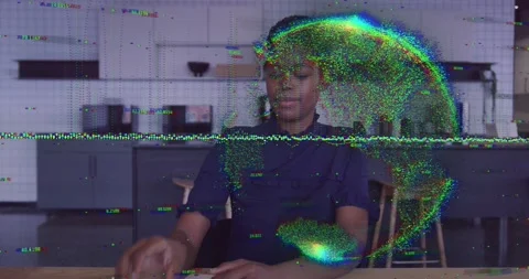 Office analyst lifting paper and flipping pages, activating glitch data globe Stock Footage 330659877