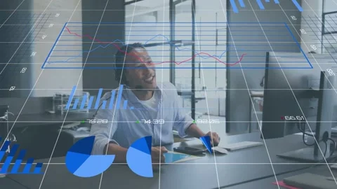 Office analyst typing and clicking on monitor, causing charts and 3D grid Stock Footage 334322321