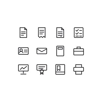 Office And Documents Icon Set 12 Black White Line Icons Editable Stroke Vector Stock Illustration