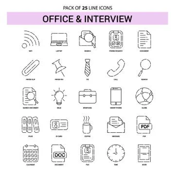 Office and Interview Line Icon Set - 25 Dashed Outline Style Stock Illustration