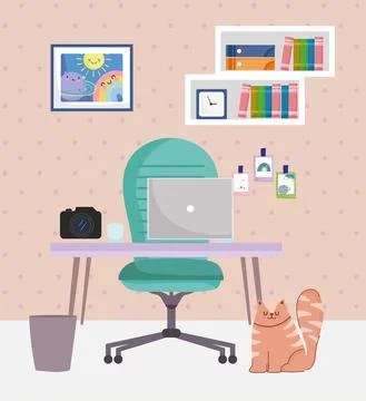 Office and working from home interior desk chair camera laptop cat and trash can Stock-Illustration
