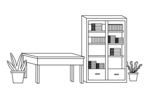 Office and workplace elements cartoons in black and white Stock Illustration