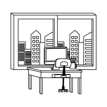 Office and workplace elements cartoons in black and white Stock Illustration