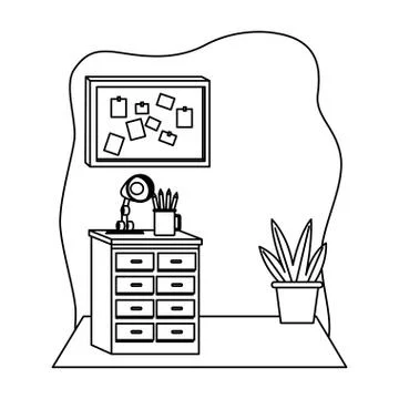 Office and workplace elements cartoons in black and white Stock Illustration