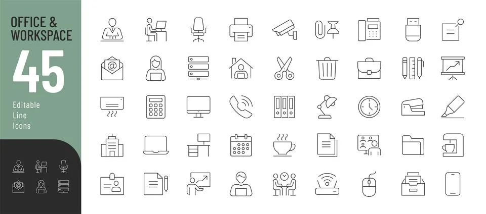 Office and Workspace Line Editable Icons set. Stock Illustration