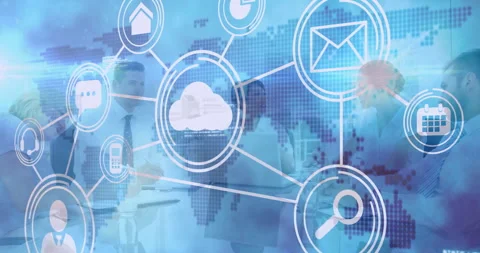 In office, animation of cloud computing icons over network connections during Stock Footage 304079718
