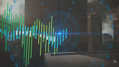 In office, animation showing digital data visualization with green and blue Stock Footage 305863273