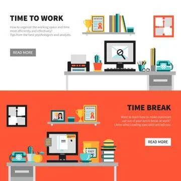 Office Banners With Workspace Design Sets Illustration