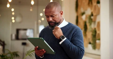 Office, black man and thinking with tablet for problem solving, software error Stock Footage 305881340