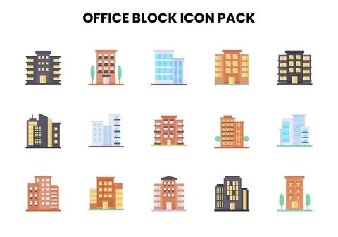 Office Block Flat Collection Icons Pack Illustration